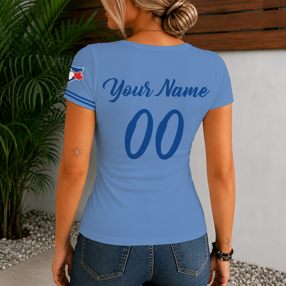 Limited Edition – Customized MLB Toronto Blue Jays Women’s Short Sleeve Henley T-Shirt - Image 2