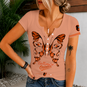 Limited Edition – Customized MLB Baltimore Orioles Women’s Short Sleeve Henley T-Shirt