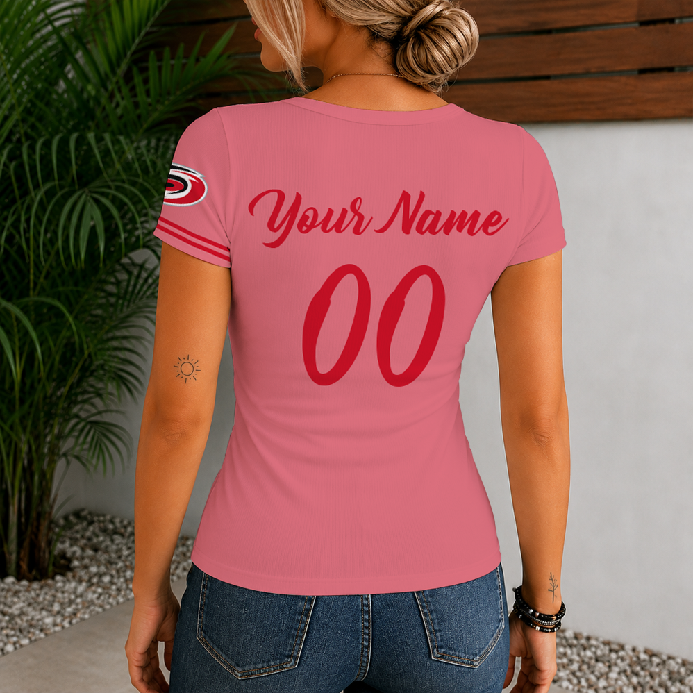 Limited Edition – Customized NHL Carolina Hurricanes Women’s Short Sleeve Henley T-Shirt - Image 2