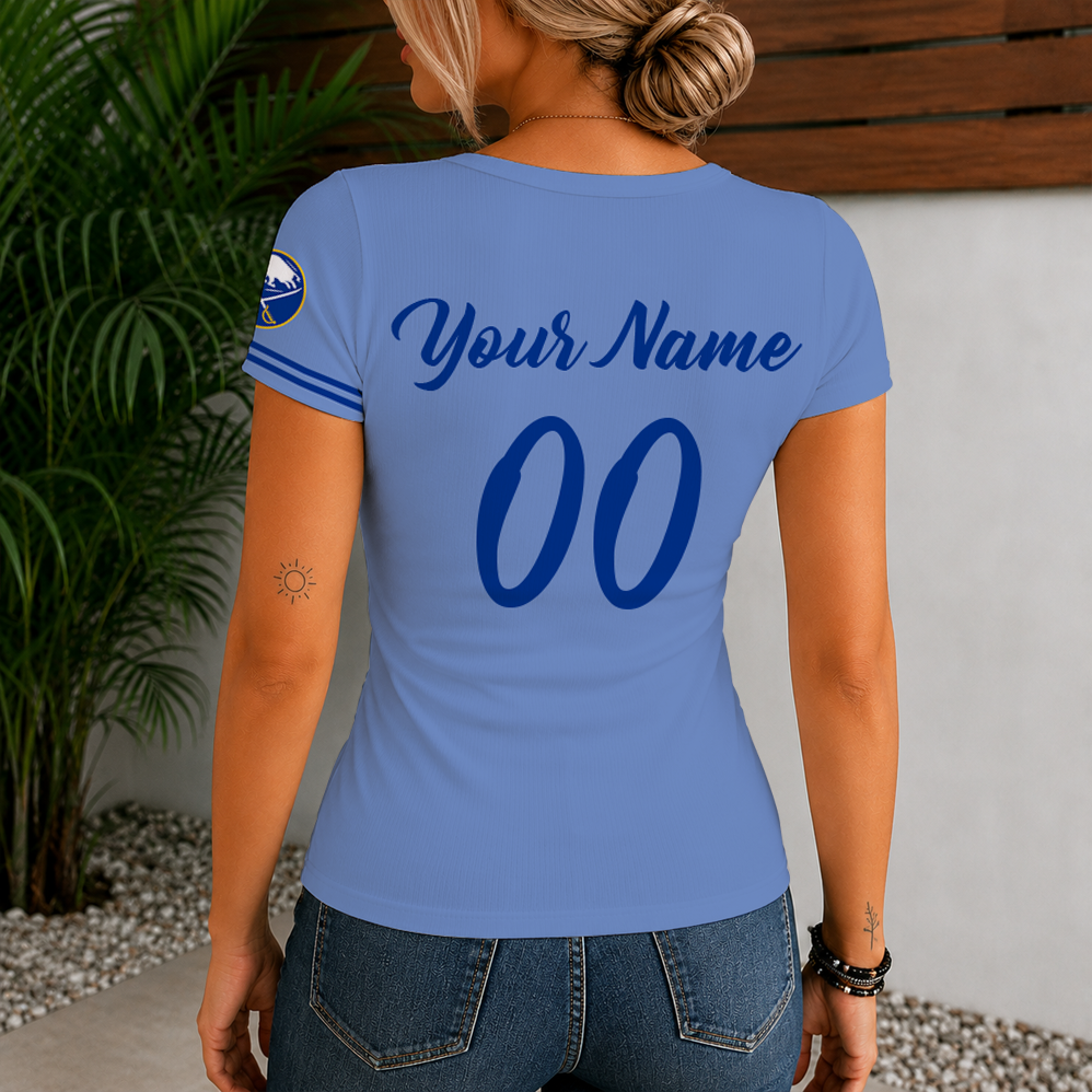 Limited Edition – Customized NHL Buffalo Sabres Women’s Short Sleeve Henley T-Shirt - Image 2