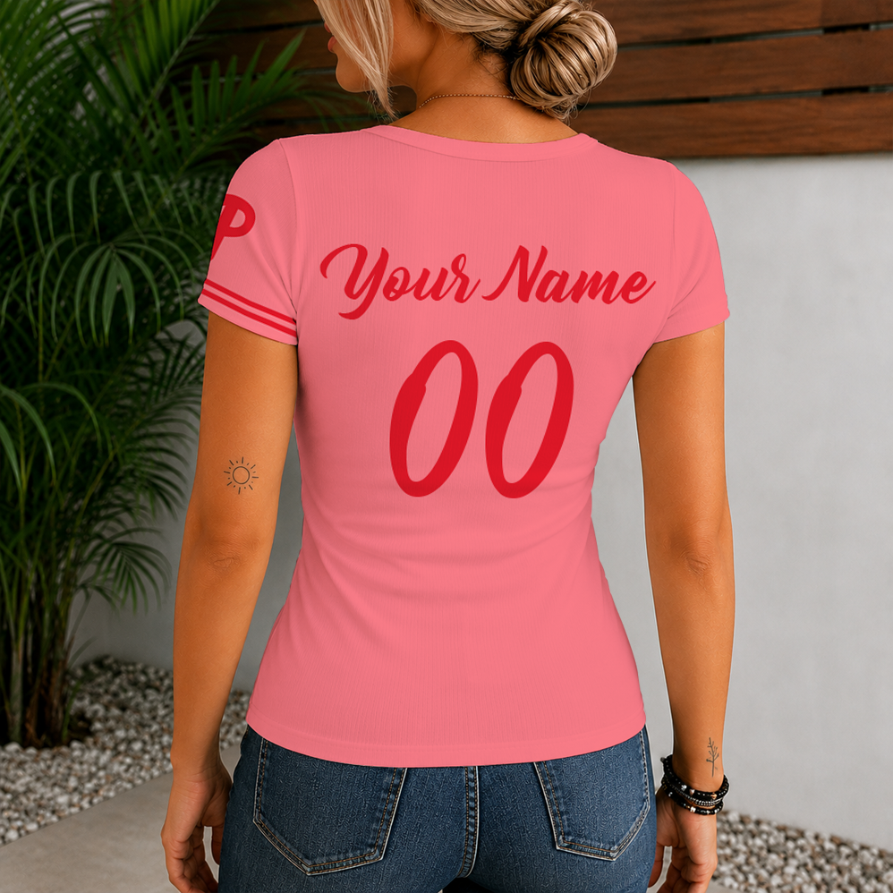 Limited Edition – Customized MLB Philadelphia Phillies Women’s Short Sleeve Henley T-Shirt - Image 2