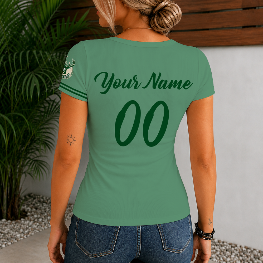 Limited Edition – Customized NBA Milwaukee Bucks Women’s Short Sleeve Henley T-Shirt - Image 2