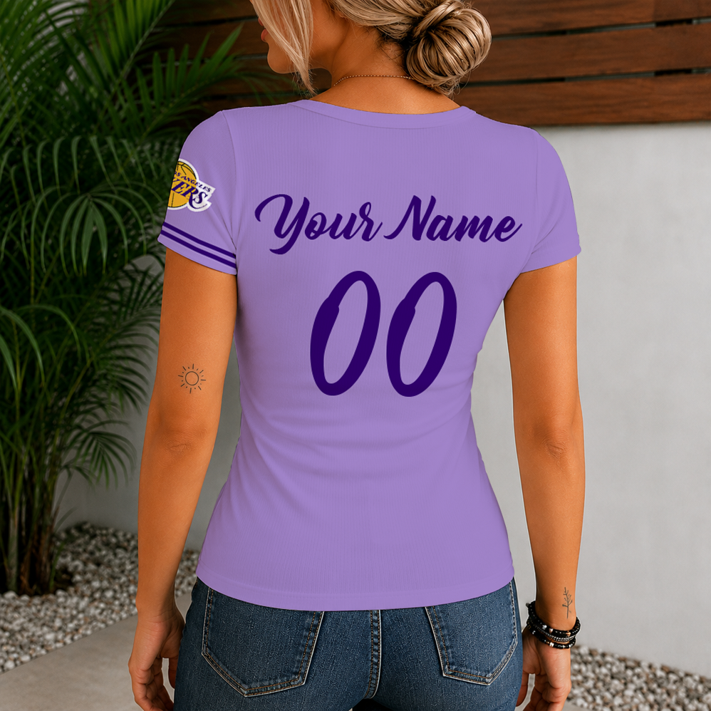 Limited Edition – Customized NBA Los Angeles Lakers Women’s Short Sleeve Henley T-Shirt - Image 2