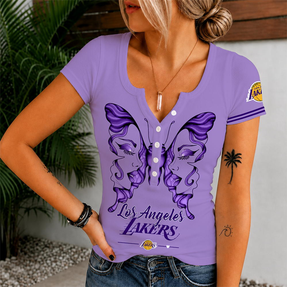 Limited Edition – Customized NBA Los Angeles Lakers Women’s Short Sleeve Henley T-Shirt