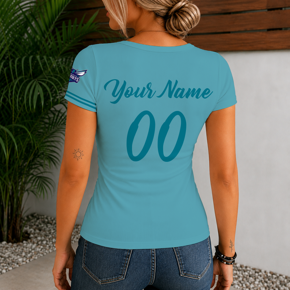 Limited Edition – Customized NBA Charlotte Hornets Women’s Short Sleeve Henley T-Shirt - Image 2