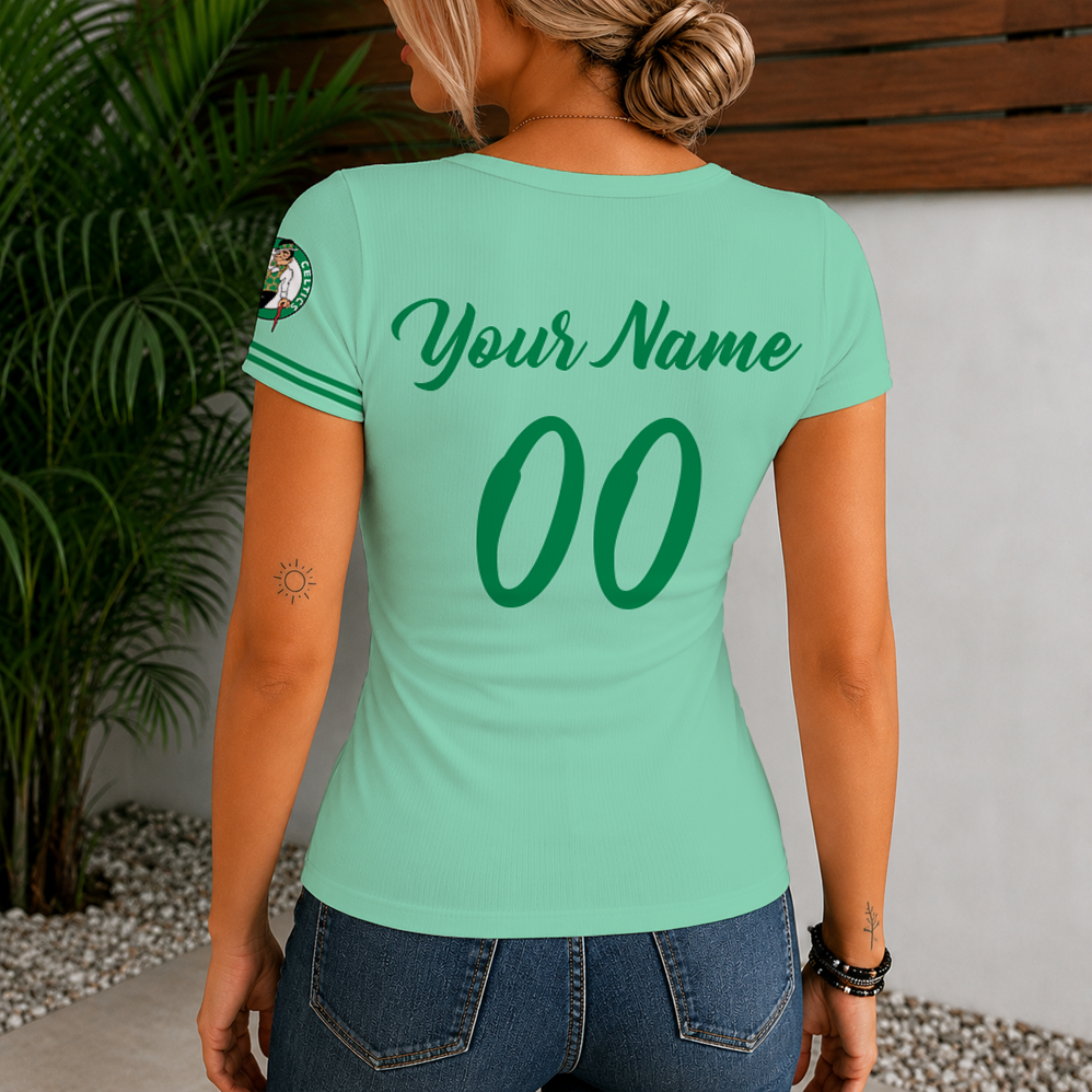 Limited Edition – Customized NBA Boston Celtics Women’s Short Sleeve Henley T-Shirt - Image 2