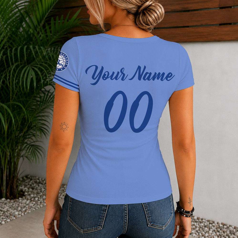 Limited Edition – Customized NBA Philadelphia 76Ers Women’s Short Sleeve Henley T-Shirt - Image 2