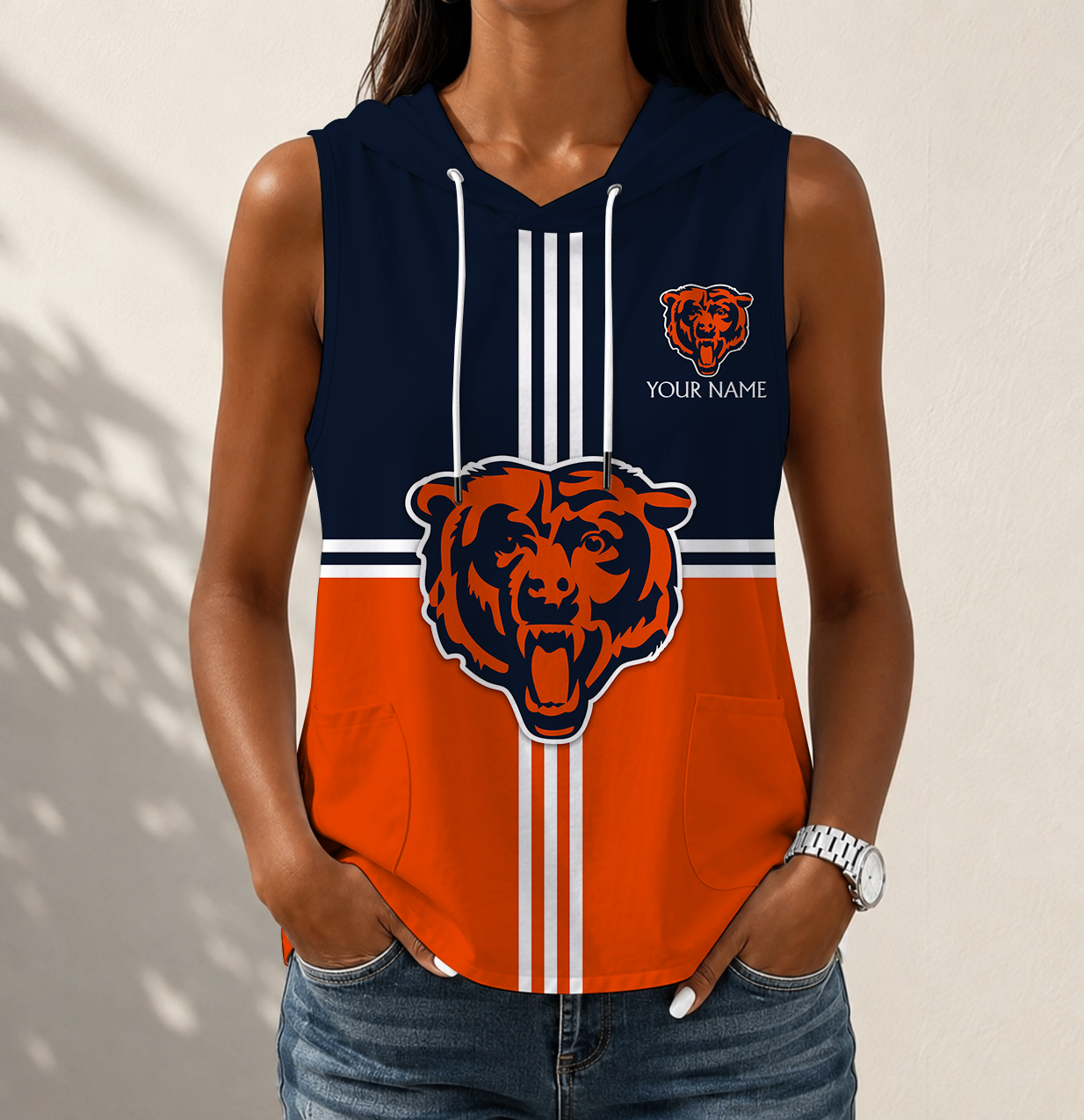Limited Edition – Customized NFL Chicago Bears Women’s Sleeveless Hooded Pocket Tank Top