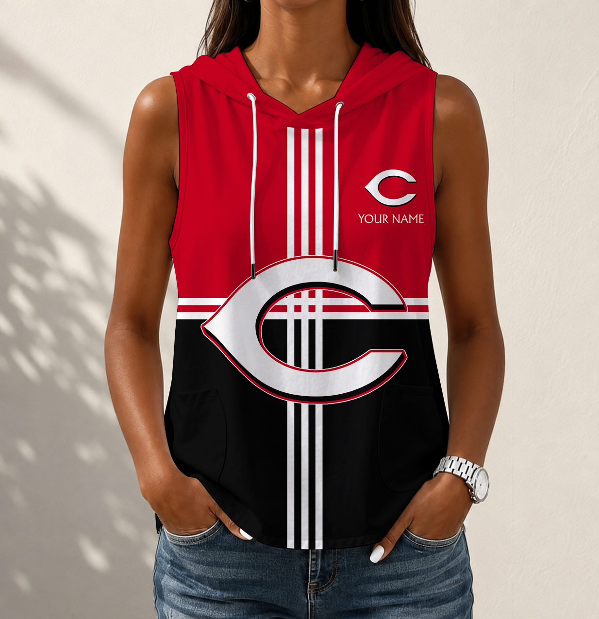 Limited Edition – Customized MLB Cincinnati Reds Women’s Sleeveless Hooded Pocket Tank Top