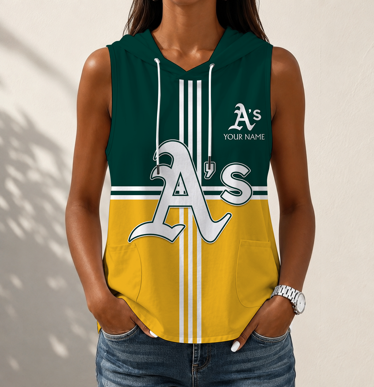 Limited Edition – Customized MLB Oakland Athletics Women’s Sleeveless Hooded Pocket Tank Top
