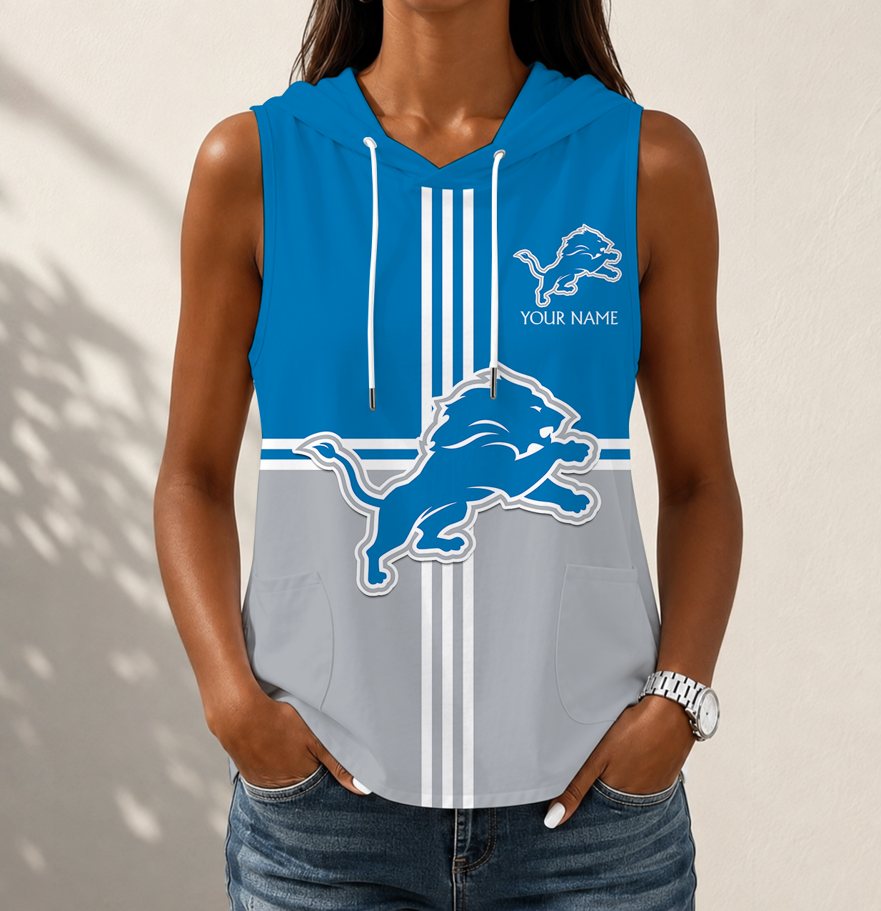 Limited Edition – Customized NFL Detroit Lions Women’s Sleeveless Hooded Pocket Tank Top
