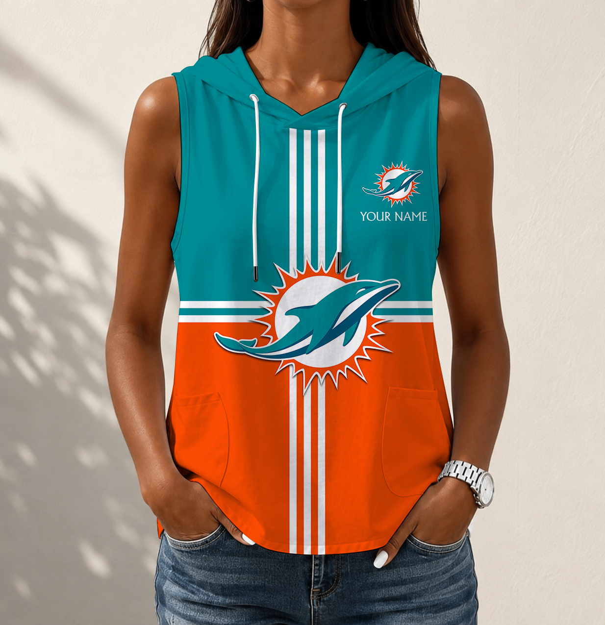 Limited Edition – Customized NFL Miami Dolphins Women’s Sleeveless Hooded Pocket Tank Top