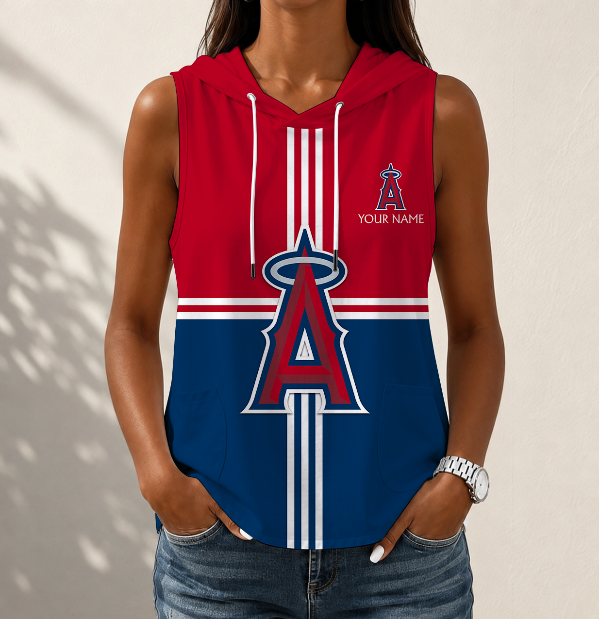 Limited Edition – Customized MLB Los Angeles Angels Women’s Sleeveless Hooded Pocket Tank Top