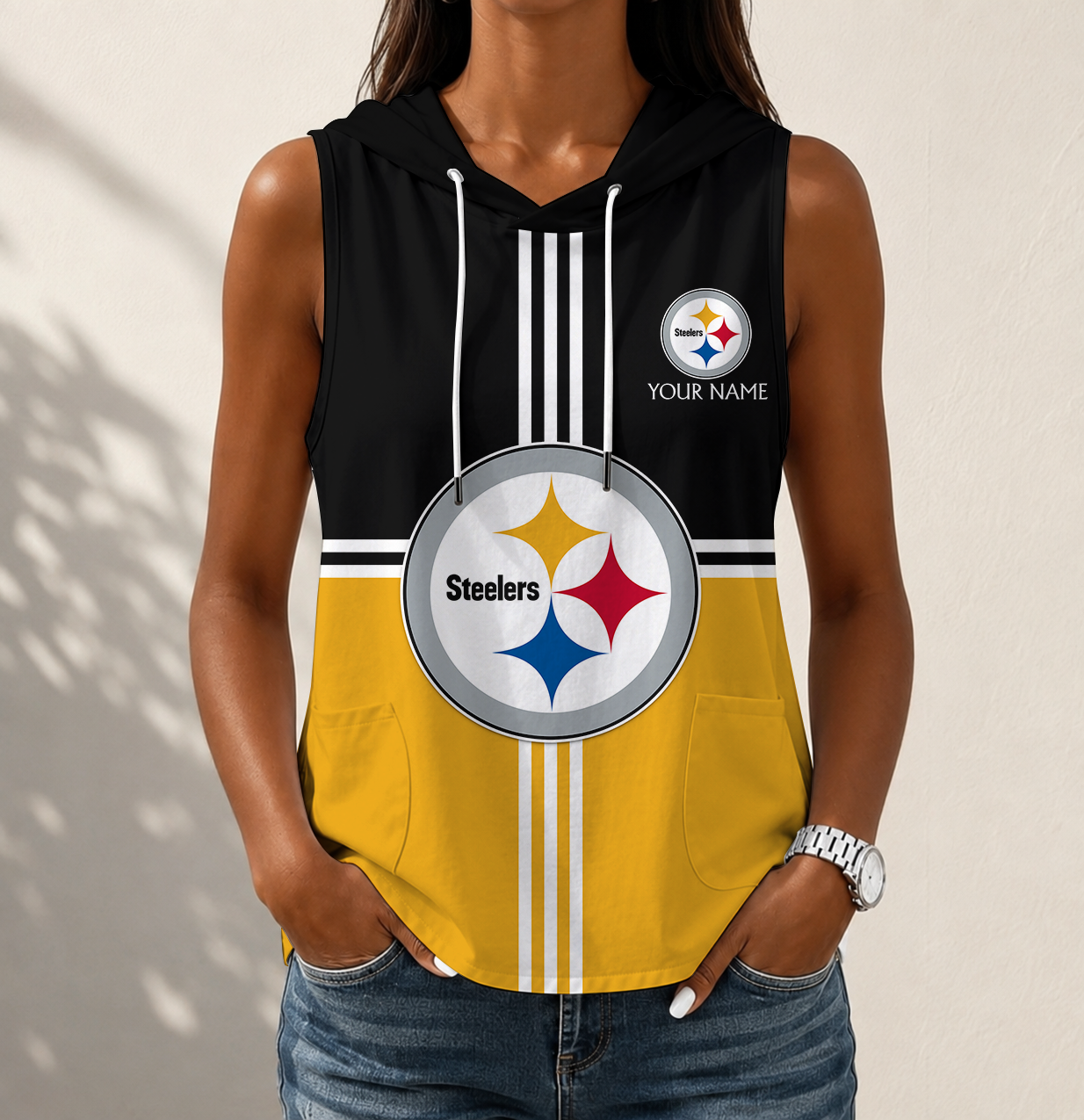 Limited Edition – Customized NFL Pittsburgh Steelers Women’s Sleeveless Hooded Pocket Tank Top