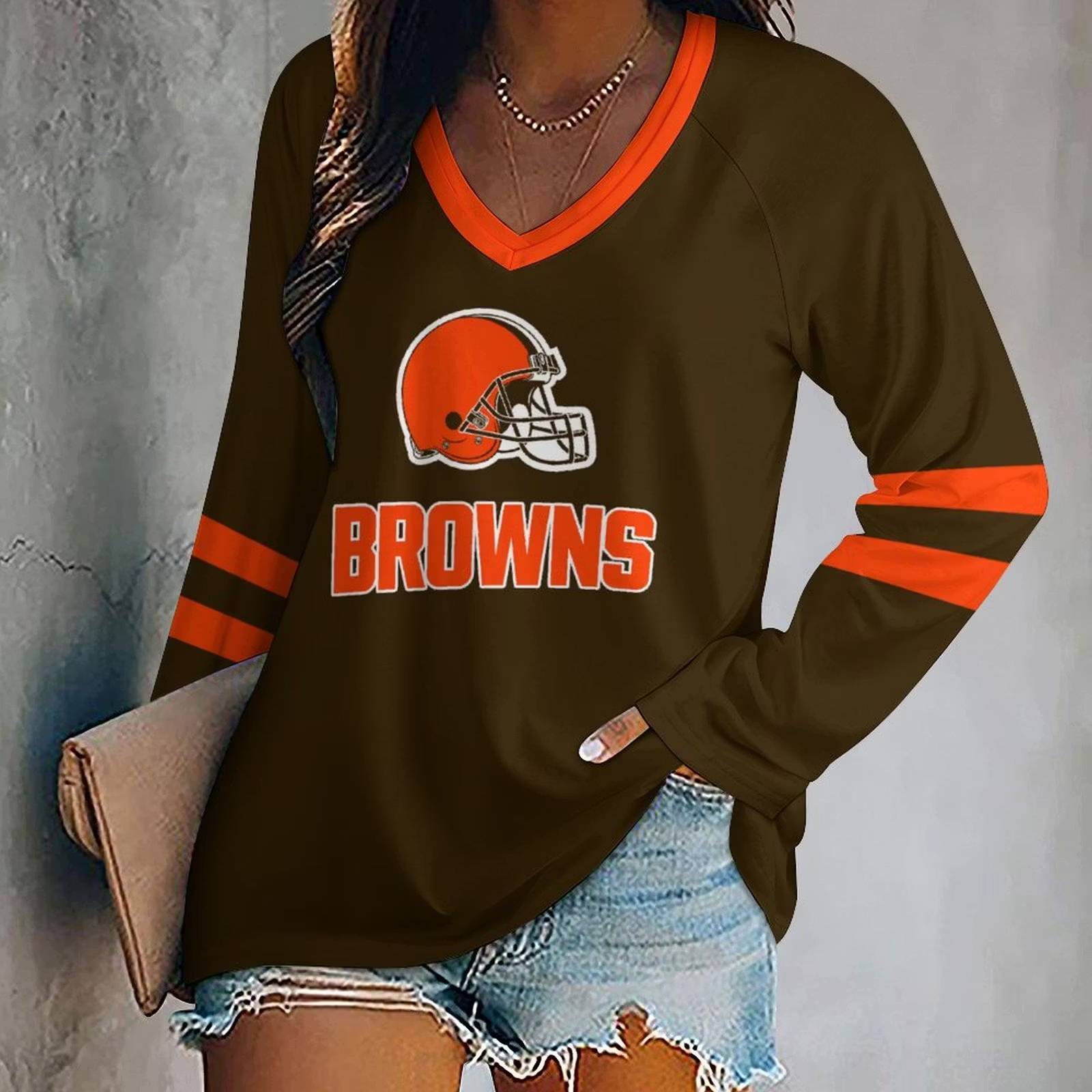 Limited Edition – Customized NFL Cleveland Browns Women’s V-Neck Long Sleeved Shirt