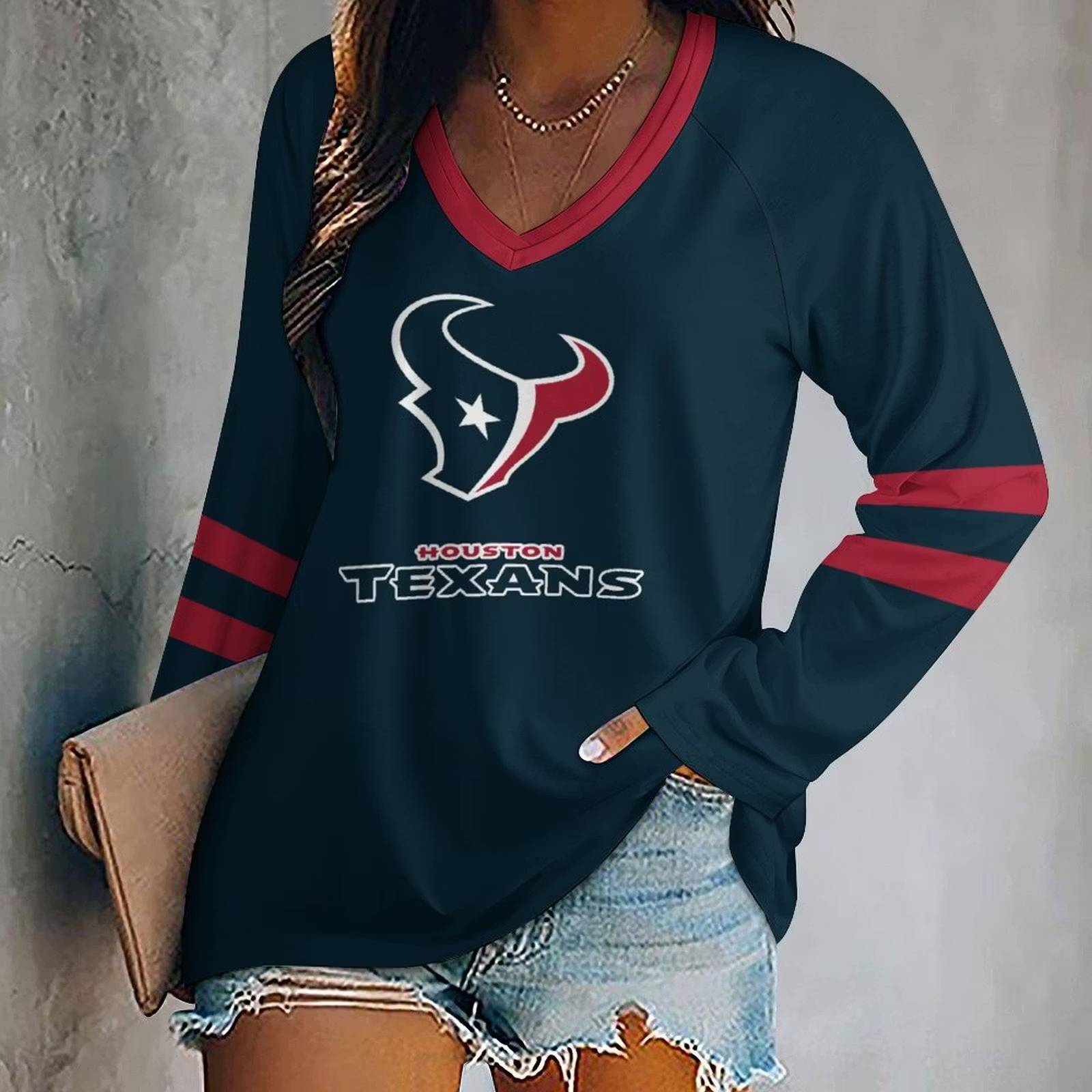 Limited Edition – Customized NFL Houston Texans Women’s V-Neck Long Sleeved Shirt
