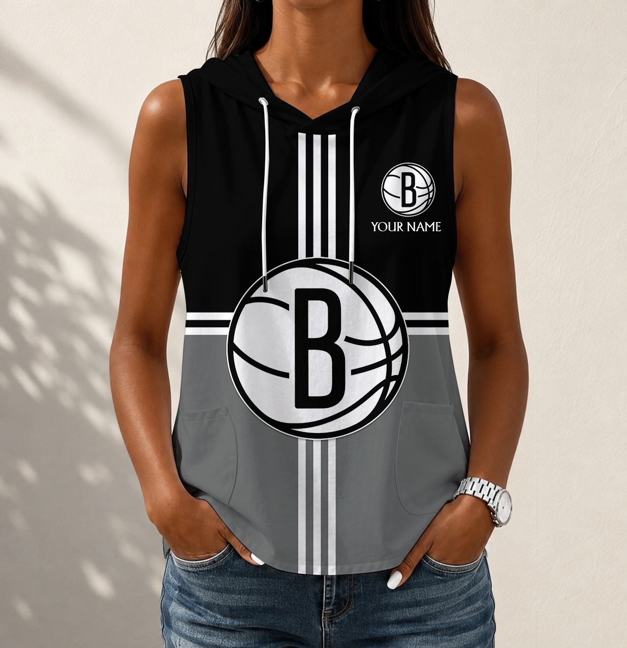 Limited Edition – Customized NBA Brooklyn Nets Women’s Sleeveless Hooded Pocket Tank Top