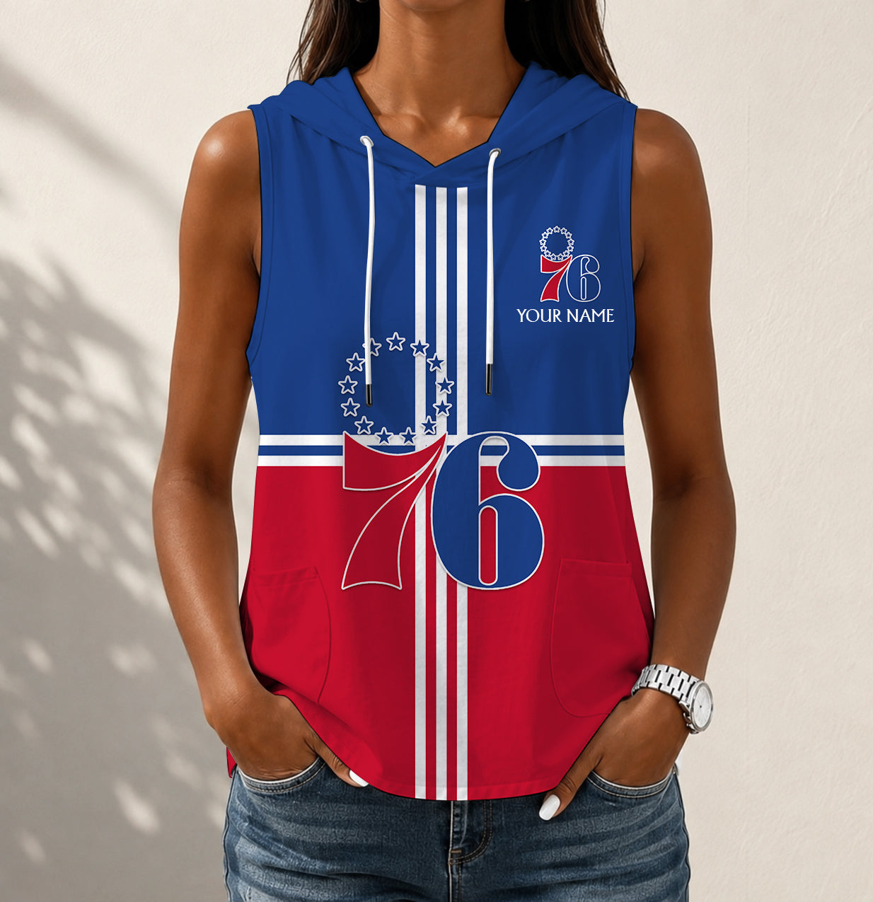 Limited Edition – Customized NBA Philadelphia 76Ers Women’s Sleeveless Hooded Pocket Tank Top