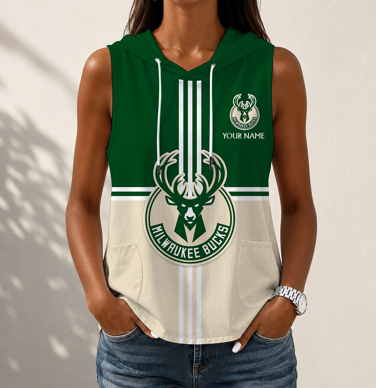 Limited Edition – Customized NBA Milwaukee Bucks Women’s Sleeveless Hooded Pocket Tank Top