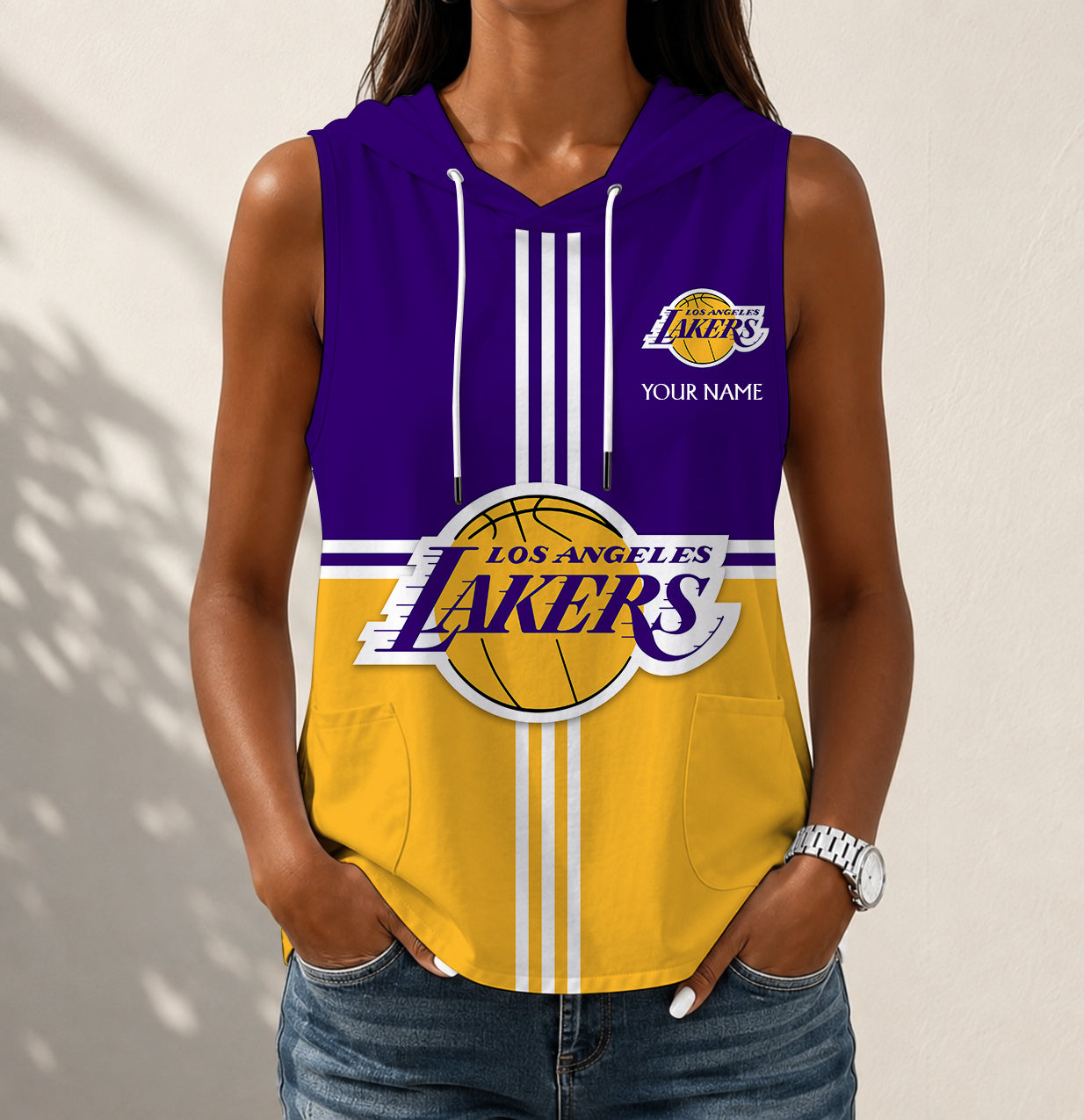 Limited Edition – Customized NBA Los Angeles Lakers Women’s Sleeveless Hooded Pocket Tank Top