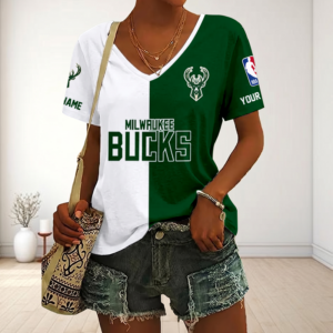 Limited Edition – Customized NBA Milwaukee Bucks V-Neck Female Shirt