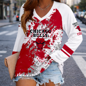 Limited Edition – Customized NBA Chicago Bulls Women’s V-Neck Long Sleeved Shirt