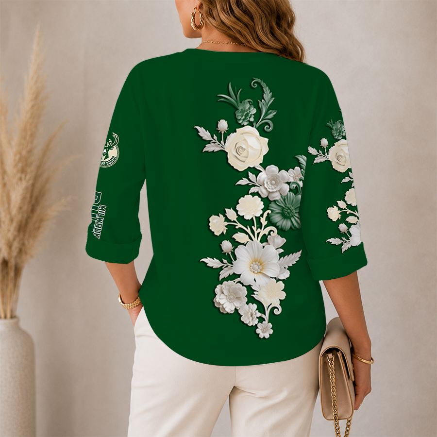Limited Edition – Customized NBA Milwaukee Bucks Women’s V-Neck Long Sleeve Shirt - Image 2