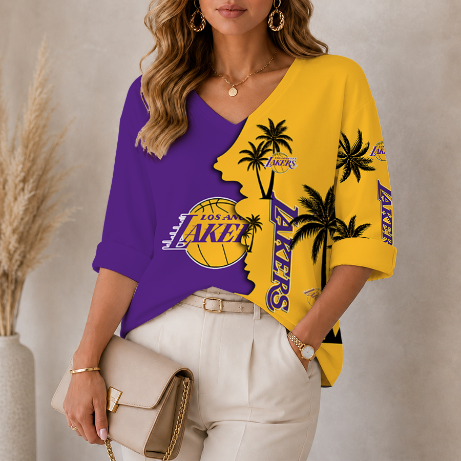 Limited Edition – Customized NBA Los Angeles Lakers Women’s V-Neck Long Sleeve Shirt