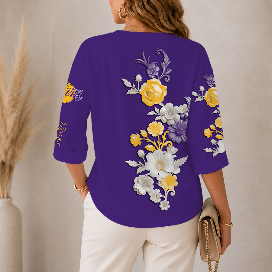 Limited Edition – Customized NBA Los Angeles Lakers Women’s V-Neck Long Sleeve Shirt - Image 2