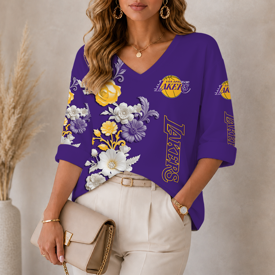 Limited Edition – Customized NBA Los Angeles Lakers Women’s V-Neck Long Sleeve Shirt