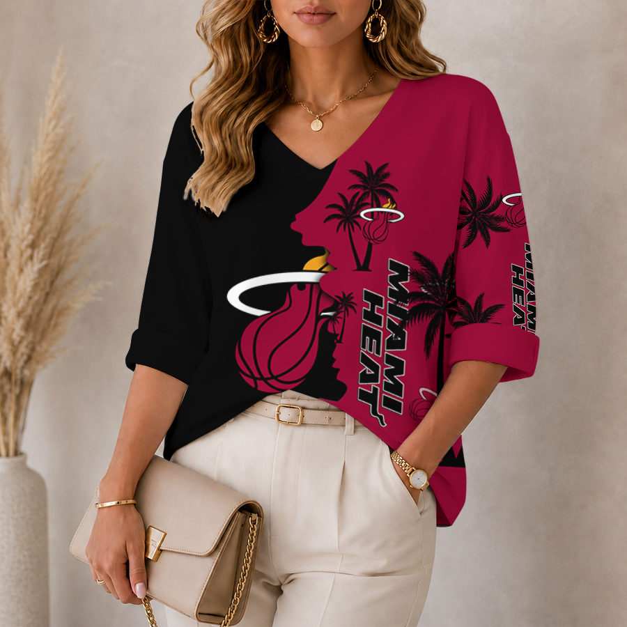 Limited Edition – Customized NBA Miami Heat Women’s V-Neck Long Sleeve Shirt