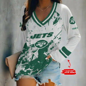 Limited Edition – Customized NFL Nyj New York Jets Women’s V-Neck Long Sleeved Shirt