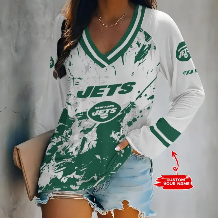 Limited Edition – Customized NFL Nyj New York Jets Women’s V-Neck Long Sleeved Shirt