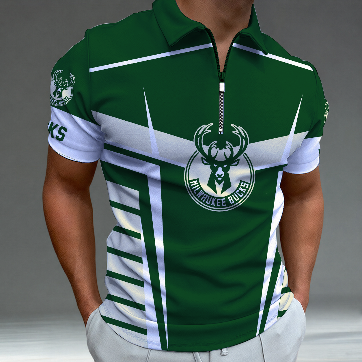 Limited Edition – Customized NBA Milwaukee Bucks Zip Polo Shirt