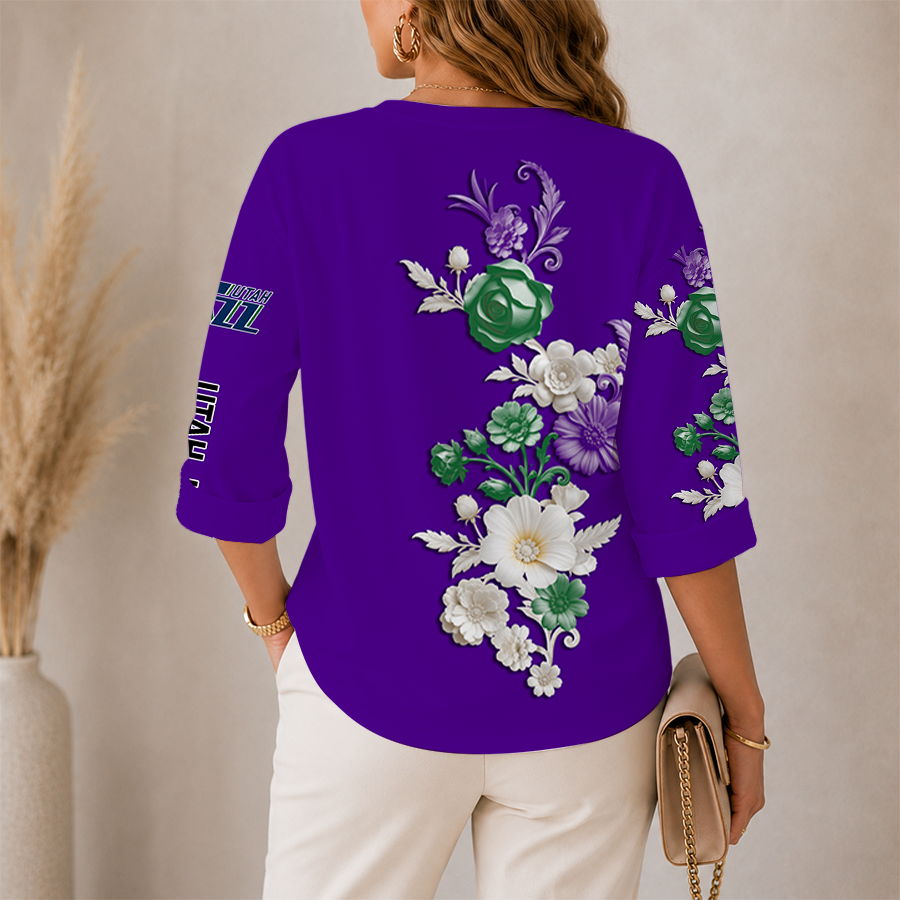 Limited Edition – Customized NBA Utah Jazz Women’s V-Neck Long Sleeve Shirt - Image 2