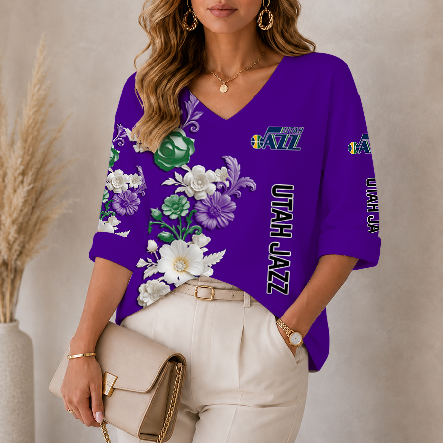 Limited Edition – Customized NBA Utah Jazz Women’s V-Neck Long Sleeve Shirt