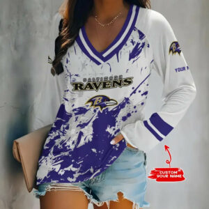 Limited Edition – Customized NFL Baltimore Ravens Women’s V-Neck Long Sleeved Shirt