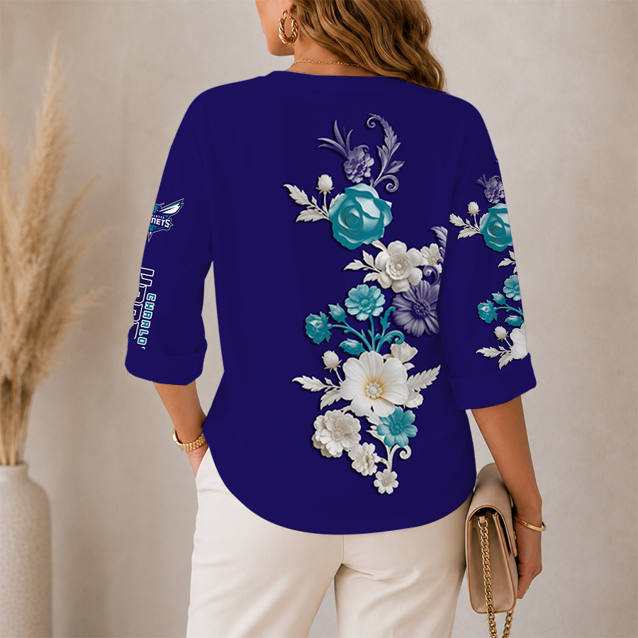 Limited Edition – Customized NBA Charlotte Hornets Women’s V-Neck Long Sleeve Shirt - Image 2
