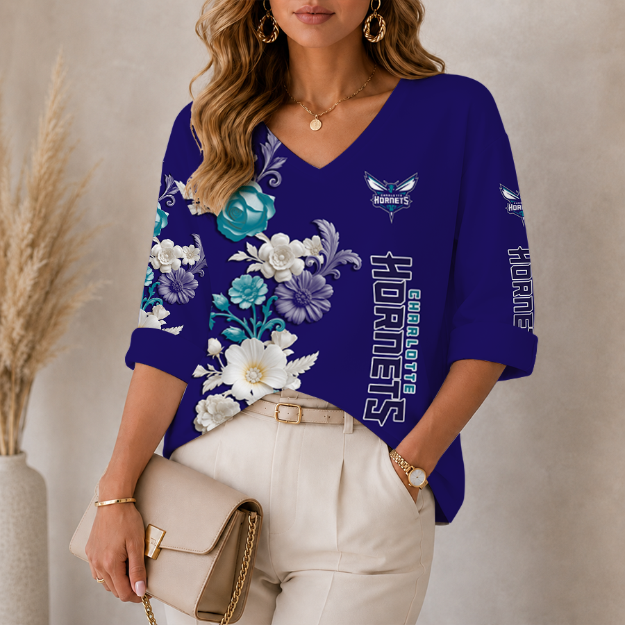 Limited Edition – Customized NBA Charlotte Hornets Women’s V-Neck Long Sleeve Shirt