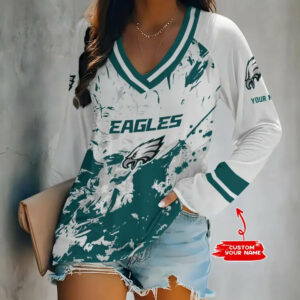 Limited Edition – Customized NFL Philadelphia Eagles Women’s V-Neck Long Sleeved Shirt
