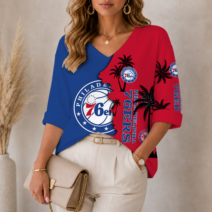 Limited Edition – Customized NBA Philadelphia 76Ers Women’s V-Neck Long Sleeve Shirt