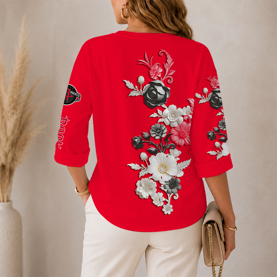 Limited Edition – Customized NBA Houston Rockets Women’s V-Neck Long Sleeve Shirt - Image 2