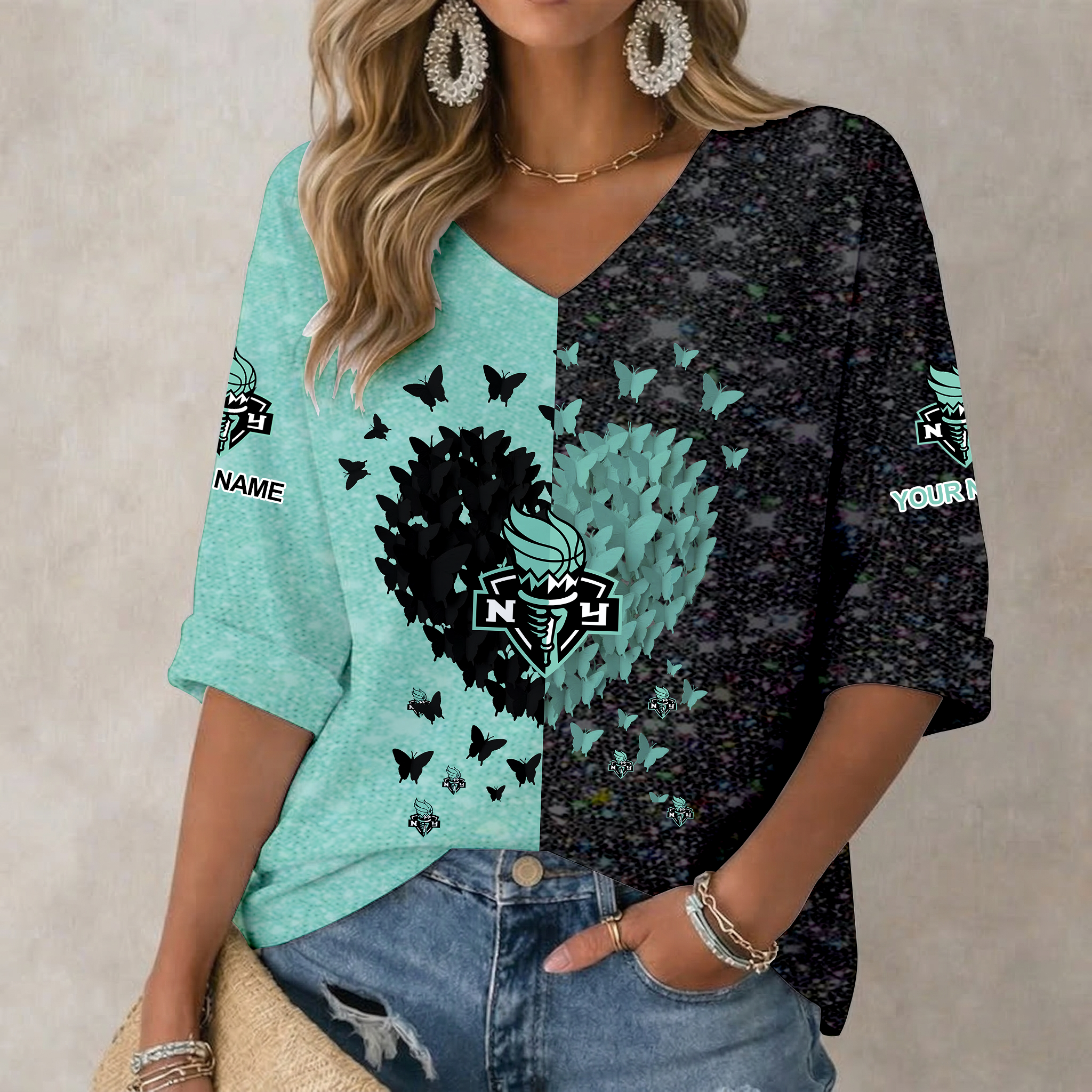 Limited Edition – Customized WNBA New York Liberty Women’s Heart V-Neck Long Sleeve Shirt