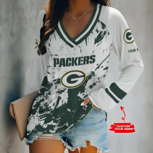 Limited Edition – Customized NFL Green Bay Packers Women’s V-Neck Long Sleeved Shirt