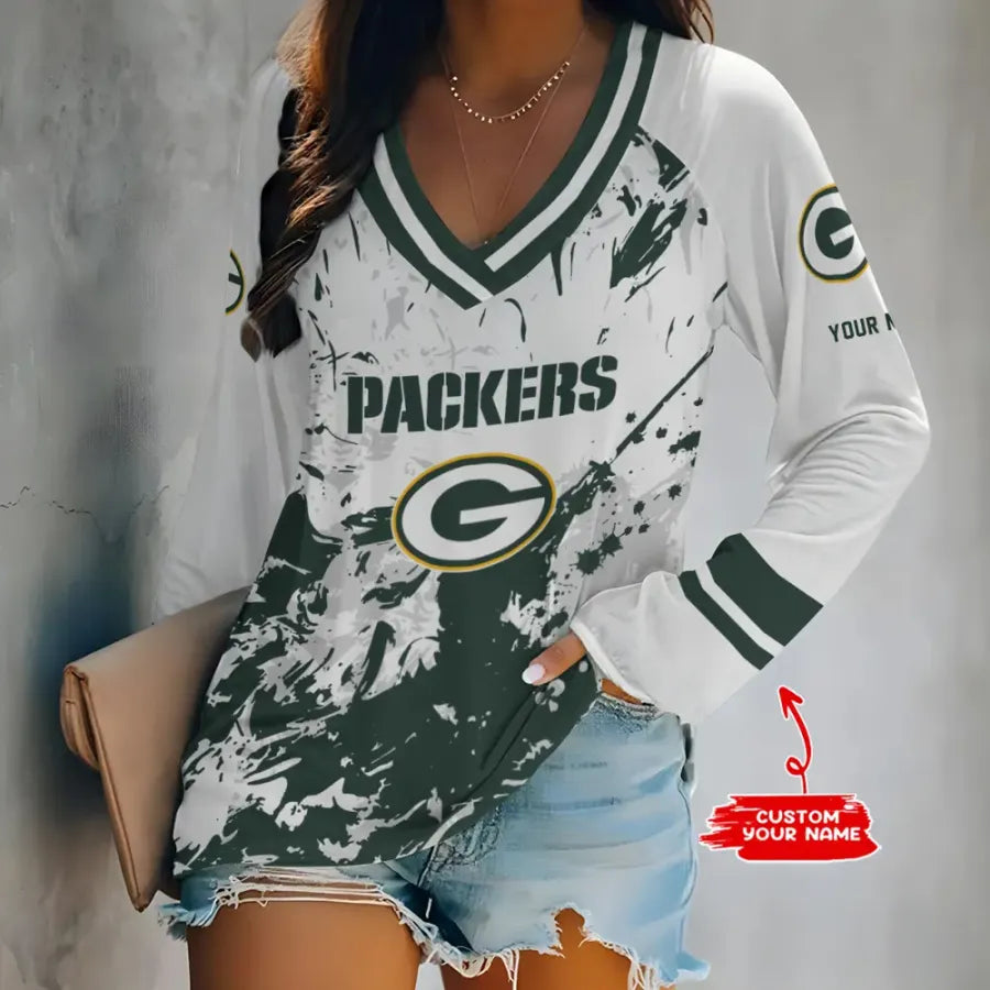 Limited Edition – Customized NFL Green Bay Packers Women’s V-Neck Long Sleeved Shirt