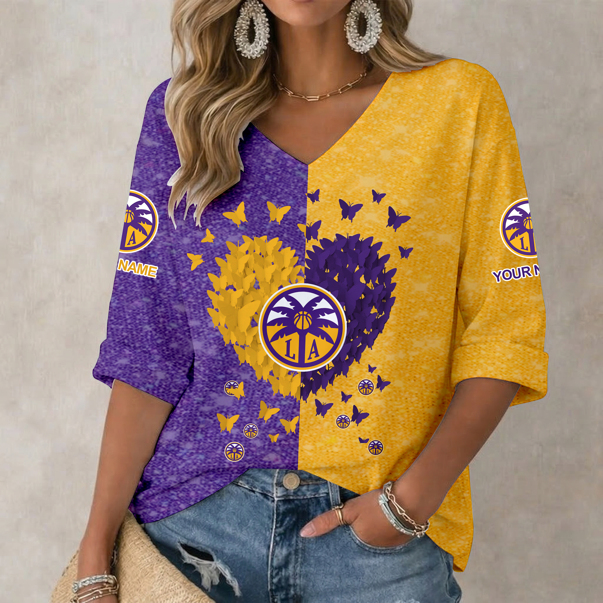 Limited Edition – Customized WNBA Los Angeles Sparks Women’s Heart V-Neck Long Sleeve Shirt