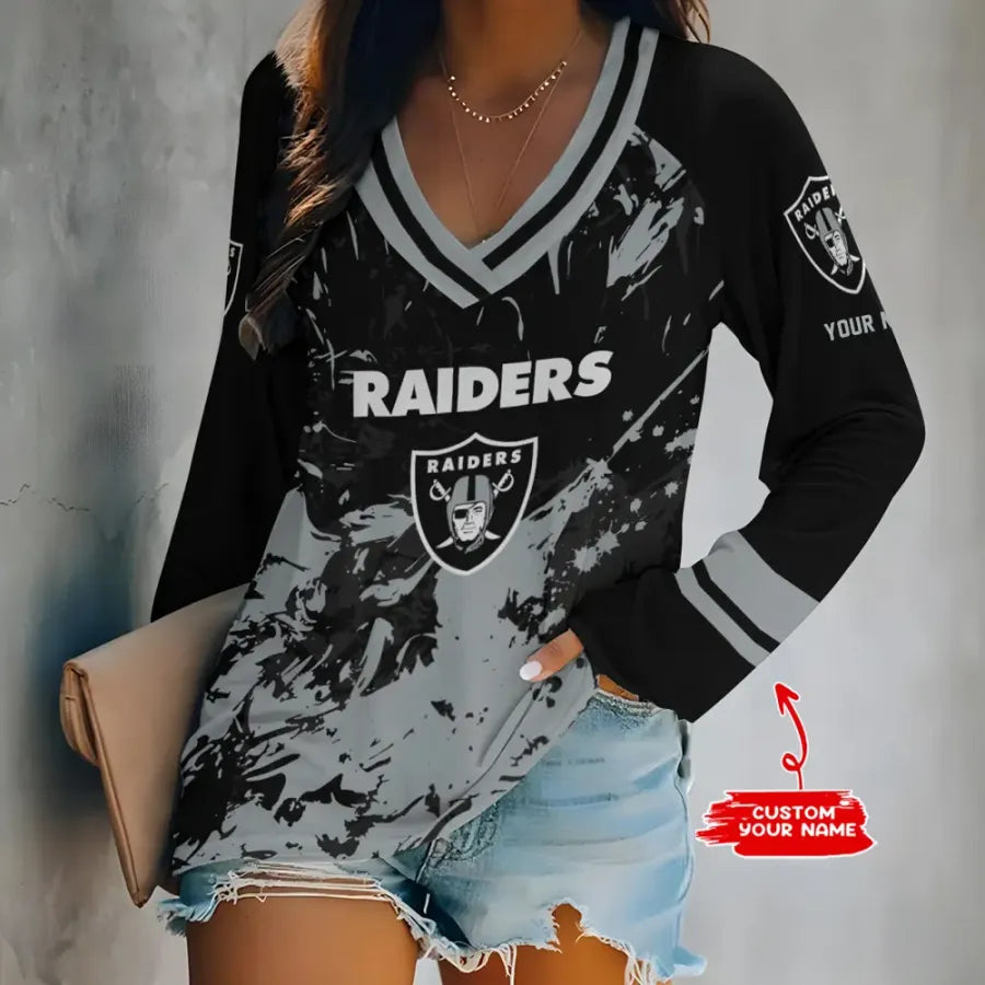Limited Edition – Customized NFL Las Vegas Raiders Women’s V-Neck Long Sleeved Shirt