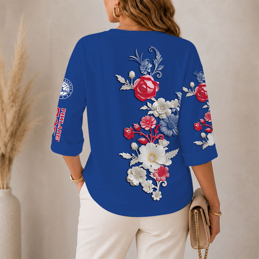 Limited Edition – Customized NBA Philadelphia 76Ers Women’s V-Neck Long Sleeve Shirt - Image 2