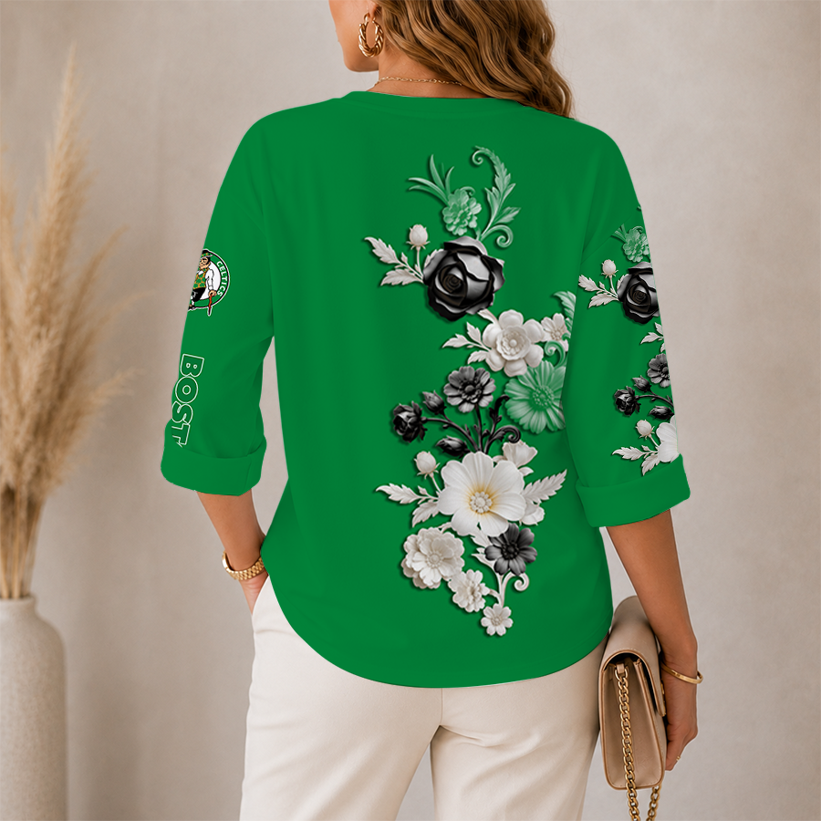 Limited Edition – Customized NBA Boston Celtics Women’s V-Neck Long Sleeve Shirt - Image 2