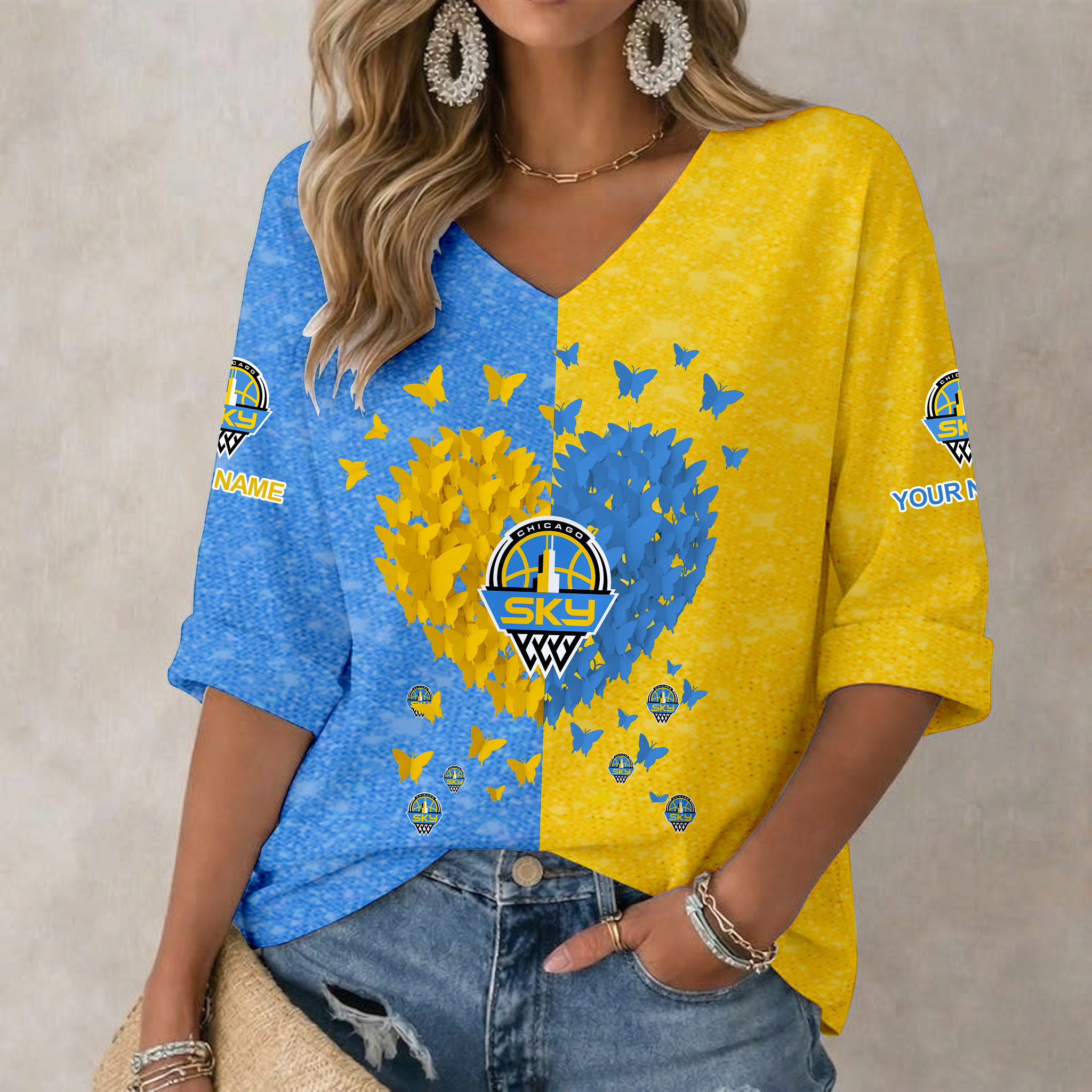 Limited Edition – Customized WNBA Chicago Sky Women’s Heart V-Neck Long Sleeve Shirt